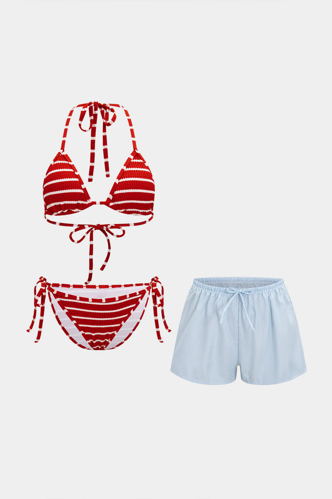 Stripes Print Drawstring Knotted 3-Piece Bikini Set